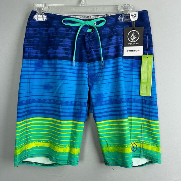 Volcom Lido Stripe Men’s 28 Board Shorts 20” Mid Length Stretch Blue Green - Picture 1 of 8